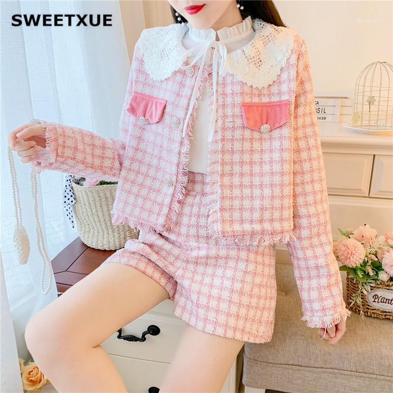 

Women' Tracksuits SWEETXUE Autumn Winter Tweed Wool 2 Piece Set Women 2021 Cute Kawaii Lace Stitching Tassels Plaid Jacket + Shorts Suits, Shirt