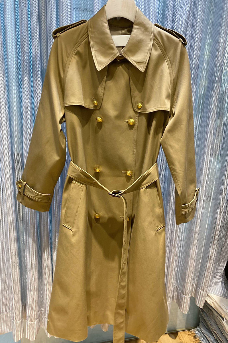

European Station 2021 Autumn and Winter French Style Retro Minority Design Tooling Jacket Long Trench Coat Double Breasted Fitted Waist Coat, Khaki