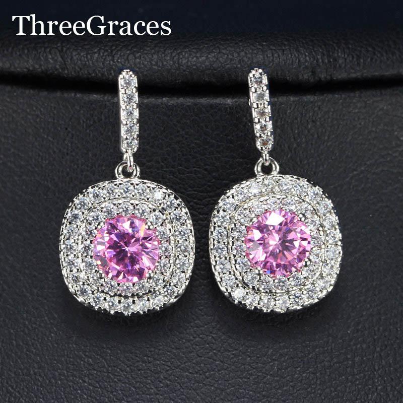 

Dangle & Chandelier ThreeGraces Lovely Design Micro Pave White Gold Color Pink Cubic Zirconia Round Drop Earrings For Women ER083, Silver