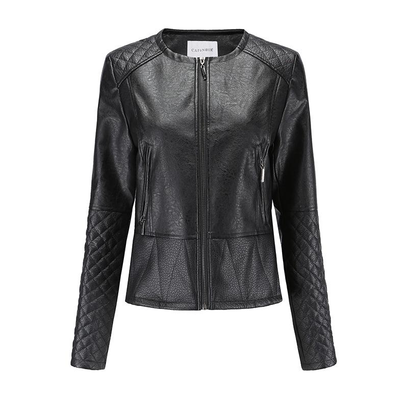 

Women's Leather & Faux Autumn Jacket Black Diamond-Shaped Stitching Slim Warm British Style Fashion Coat