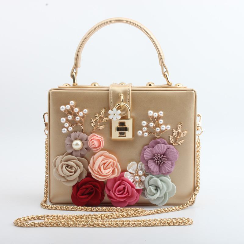 

Women Evening Bag Fashion Pearl Square Box Design Lady Flower Handbag For Wedding Female Clutch Shoulder Messenger Bag For Women, Black