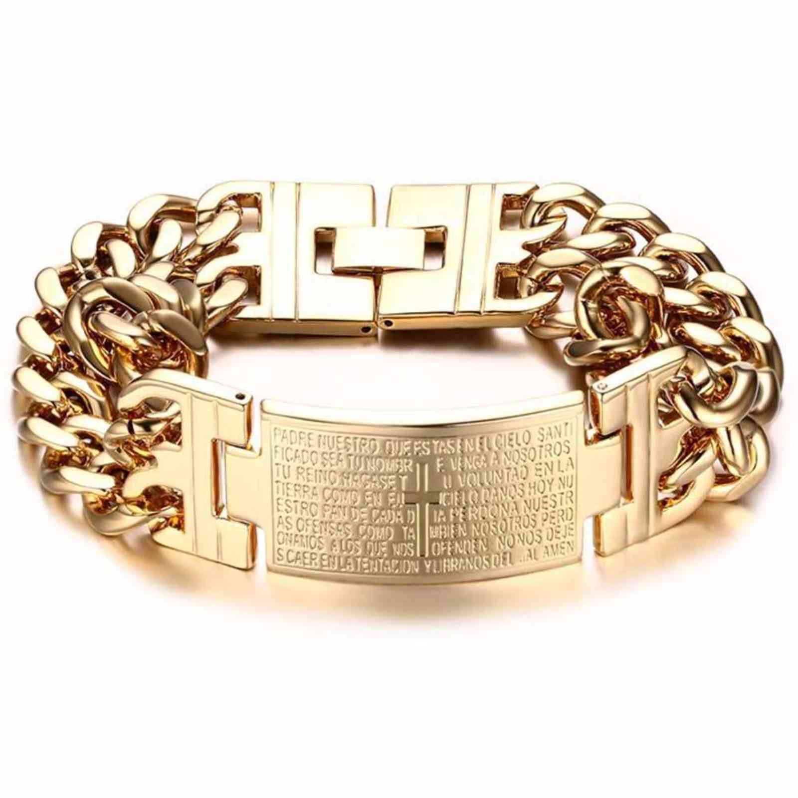 

Vintage Mens Silver Color Gold Stainless Steel Bracelet Bangle Spanish Bible Two Rows Christianity Wristband