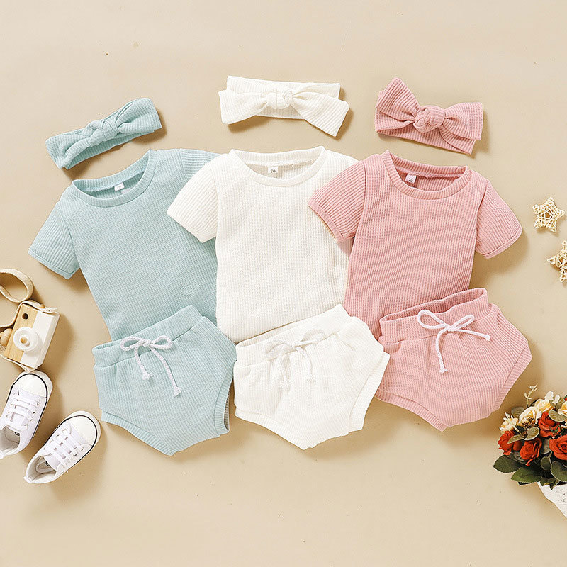 

2021 New Cotton Toddler Girls Clothing Summer Kids Girl Soild Color Short Sleeve Tops+shorts+headband Children Clothes 1-3 Years Pwl1, Pink