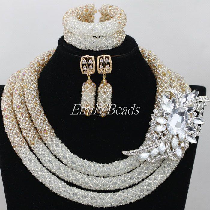 

Earrings & Necklace African White Beads Jewelry Sets Full Set Gold Nigerian Wedding Costume AIJ580, As pic
