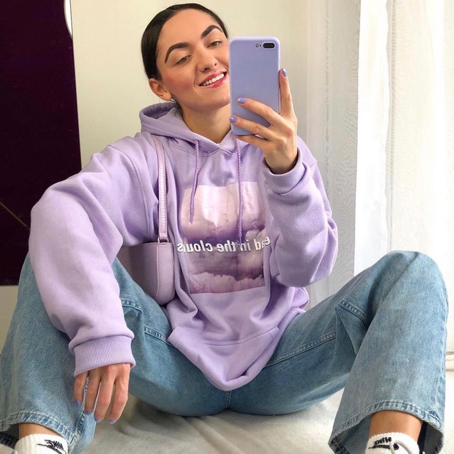 

2021 New Luz Roxa Letras Impressas Hoodie Para Meninas Adorveis Oversized Moletom Feminino Inverno Quente Topos Nova Moda Coreana Harajuku D, Purple 3