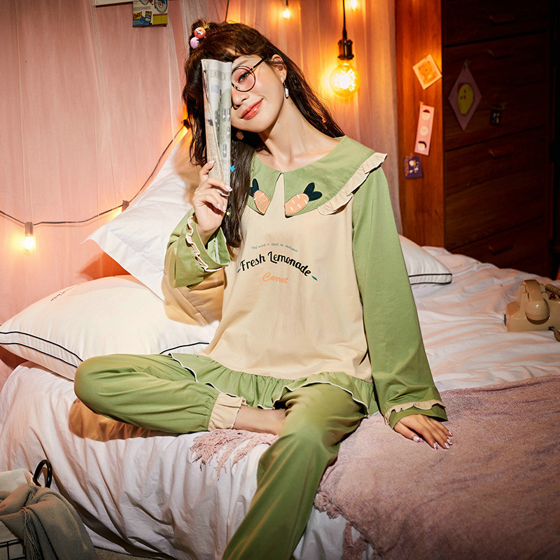 

Women 2pcs New End Pajamas Cute Nightwear Printer Sweet Rapels Cut House to Wear a Spring Dress Egyt, Green