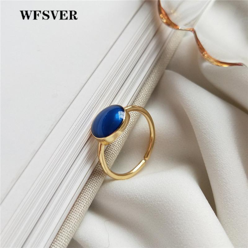 

Cluster Rings WFSVER 925 Sterling Silver Fashion Ring For Women Gold Color With Dark Blue Crystal Opening Adjustable Fine Jewelry Gift, Golden;silver