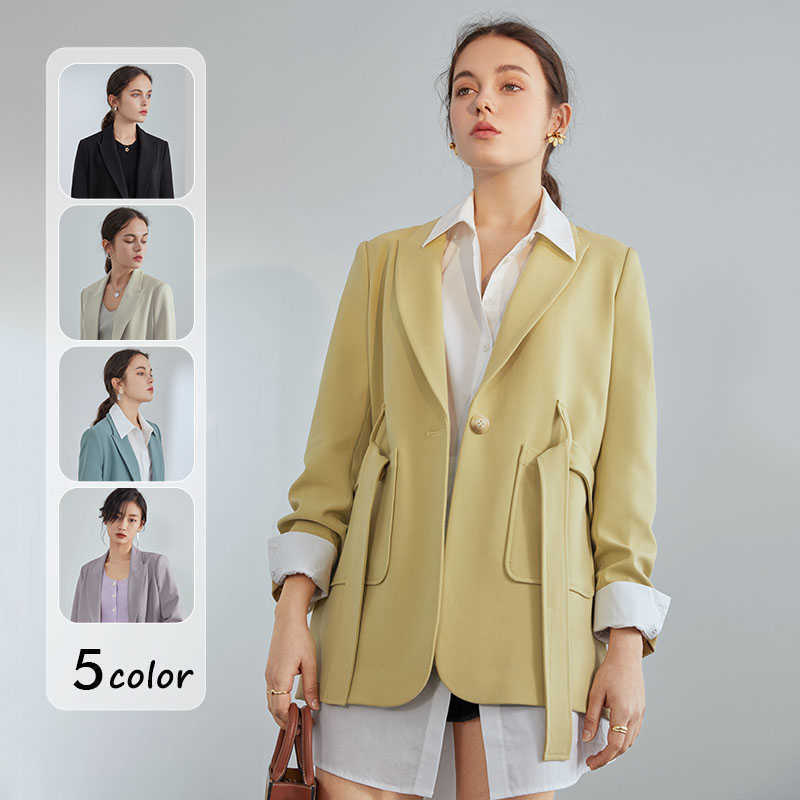 

FANSILANEN Off lady belt casual black blazer Women solid long sleeve oversized yellow jacket Female elegant business coat 210607, Blue
