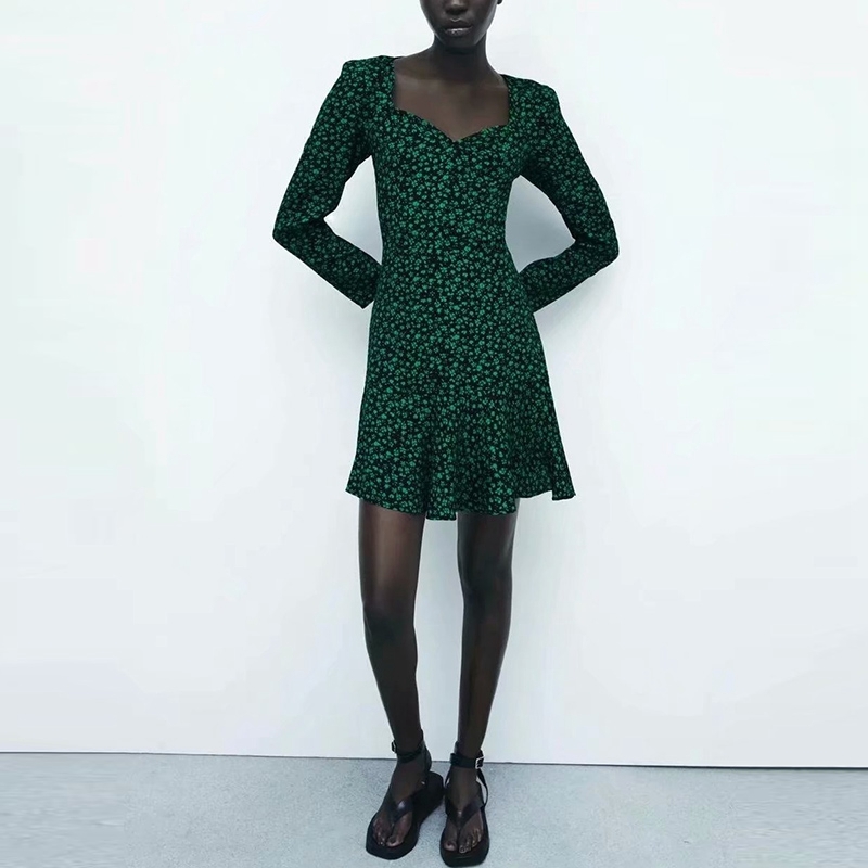 

Casual Floral Vacation Dress Office Women Long Sleeve Square Collar Elegant A line Mini Party 210525, Green