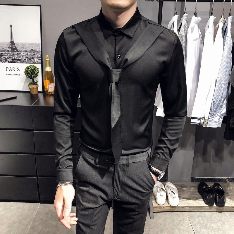

New Mais Tamanho 5xl-s Moda Manga Longa Gravata Decorao Camisas De Para Roupas Masculinas 2021 Slido Fino Ajuste Casual Vestido Blusa Homme, White