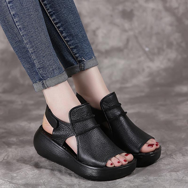 

Sandals 2021 Summer Thick Bottom High Flat Platform For Women Genuine Cow Leather Fashion Wedges Peep Toe, Black