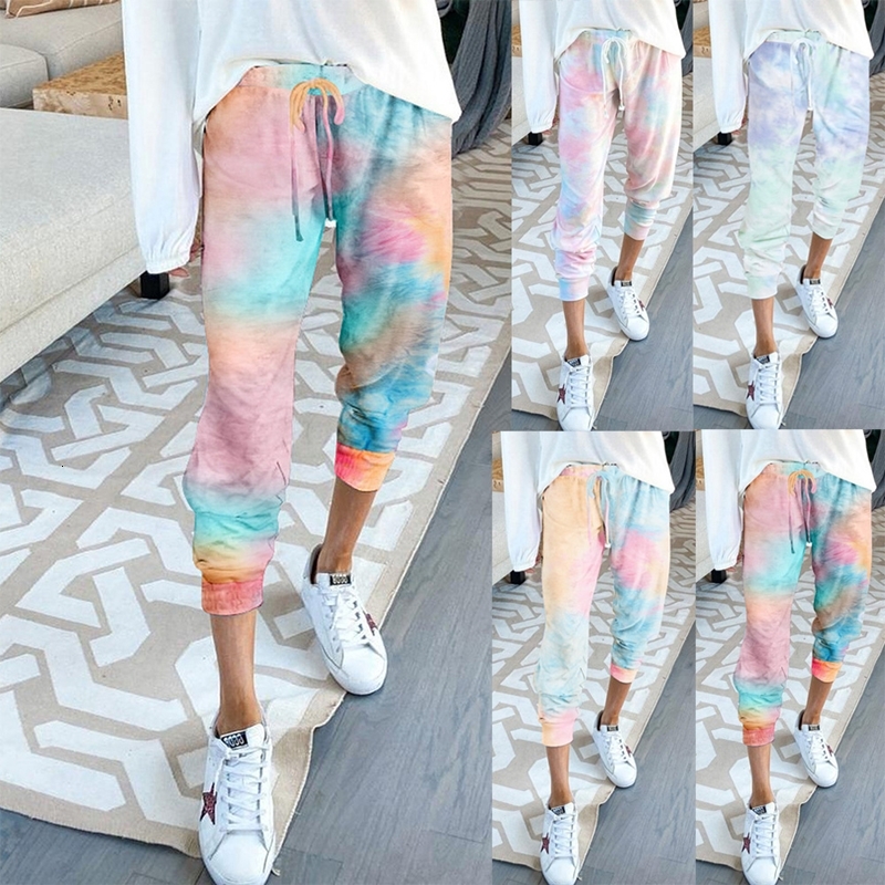 

2021 New Vero Tie-dye Moda Alta Casual Calas Esportivas Femininas Tie Dye Elstico Na Cintura Lpis Pant Ggek, Sky blue