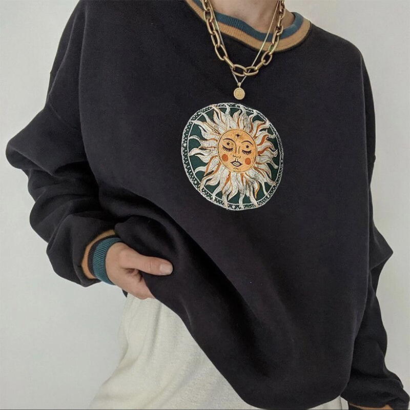 

2021 Black Sun Vintage Face Impression Big Sweaters Teenage Casual Girls Winter Tops Design New Streetwear Cg5x