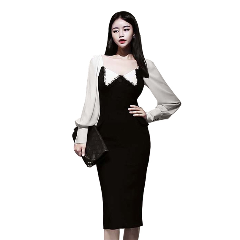 

sexy patchwork Office Dress ladies korea Long Sleeve V neck party Dresses for women clothing 210602, Black