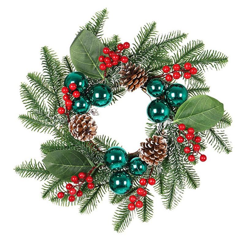 

Christmas Wreath for Front Door Wreath Decoration with BlUe Ball Ornaments, Leaves,Pine Cones, Red Berry, Green