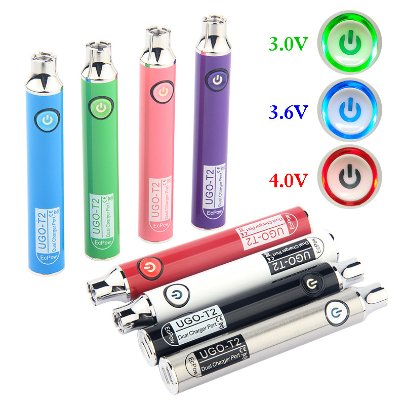 

UGO T2 ECig Vape Cartridge Preheating Battery 650mah 900mah EcPow Batteries Dual Charging Port Box Packaging