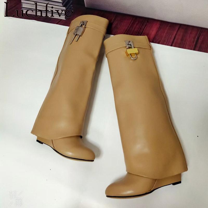 

Boots Metal Lock Women Slip On Pointed Toe Wedges Short Botas Casual Real Leather Fold High Heel For, Nude