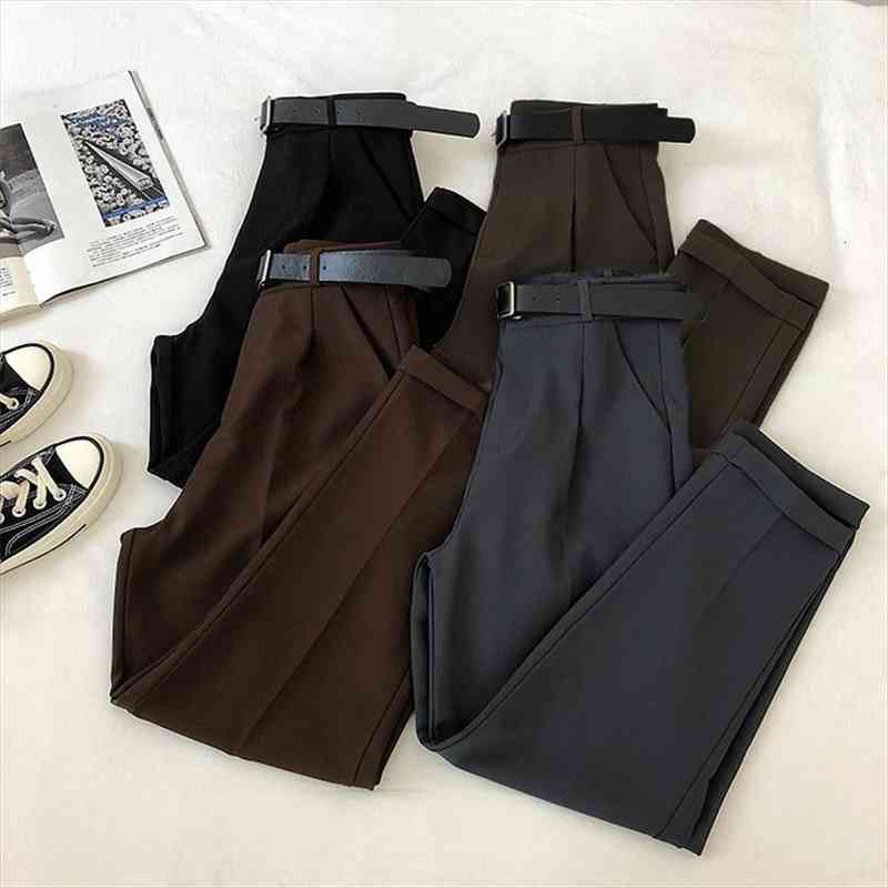 

korean office lady work leisure suit pants solid high waist casual trousers women with sashes ankle-length harem pants 2105, Black;white