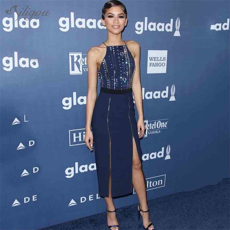 

Summer Ladies Bandage Dress Celebrity Club Party Sexy Bodycon Sleeveless Zipper Split Square Collar Vestidos 210525, Dark blue