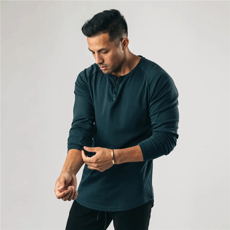 

2021 New Autumn Fashion Long-sleeved Men's Cotton Stretch Slim Button Collar Pure Color Gyms Fitness Outdoor Sports T-shirt Ixwm, Army green