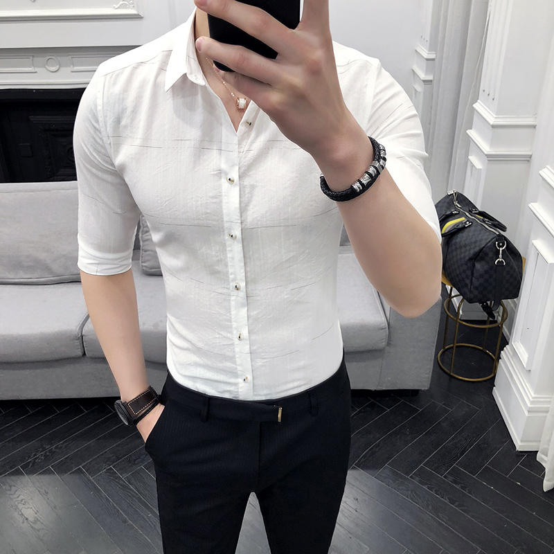 

2021 Mode Summer Half-sleeve Social Shirts of the New Men Mark Men's Shirt Thin Casual Fit Streetwear Blouse Homme Sguo, White