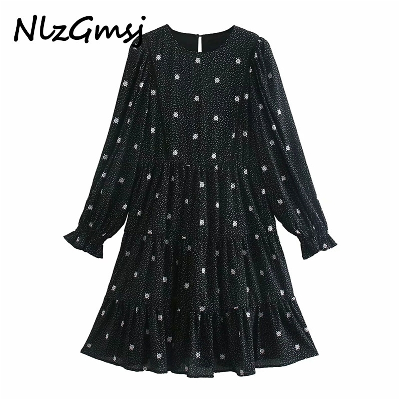 

Dres Spring Dots Flowers Loose Long Sleeve Ladies Knee Vestidos 210628, As picture