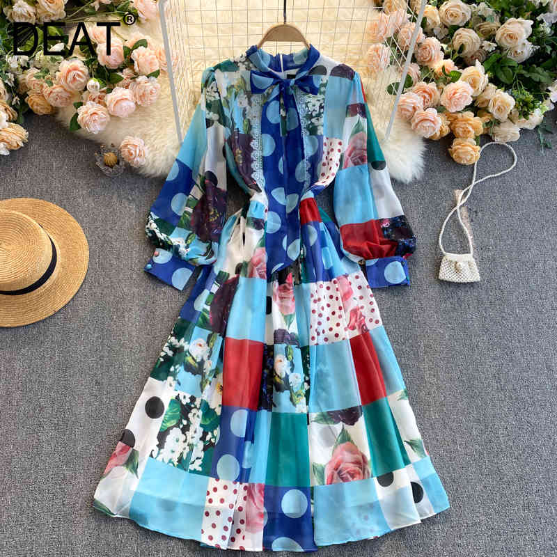 

Spring Arrivals Print Round Collar High Waist Puff Sleeve Spliced Slim A-line Office Lady Chiffon Dress MZ473 210525, Blue