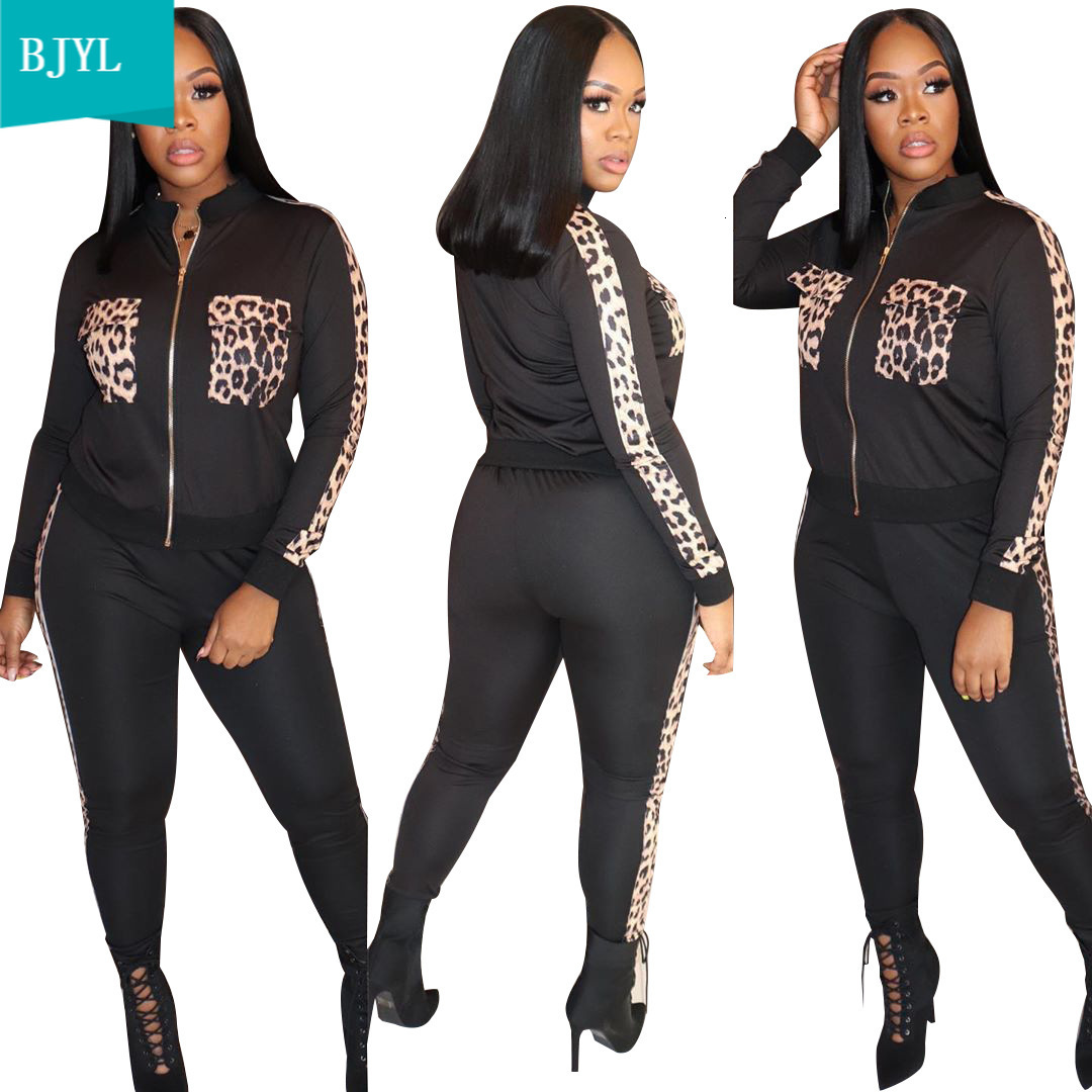 

2021 New Women 2 Piece Set Tracksuits Lounge Wear Leopard Print Moda Feminina Long Sleeve Streetwear Clothing Fashion Black Spring 5ehp