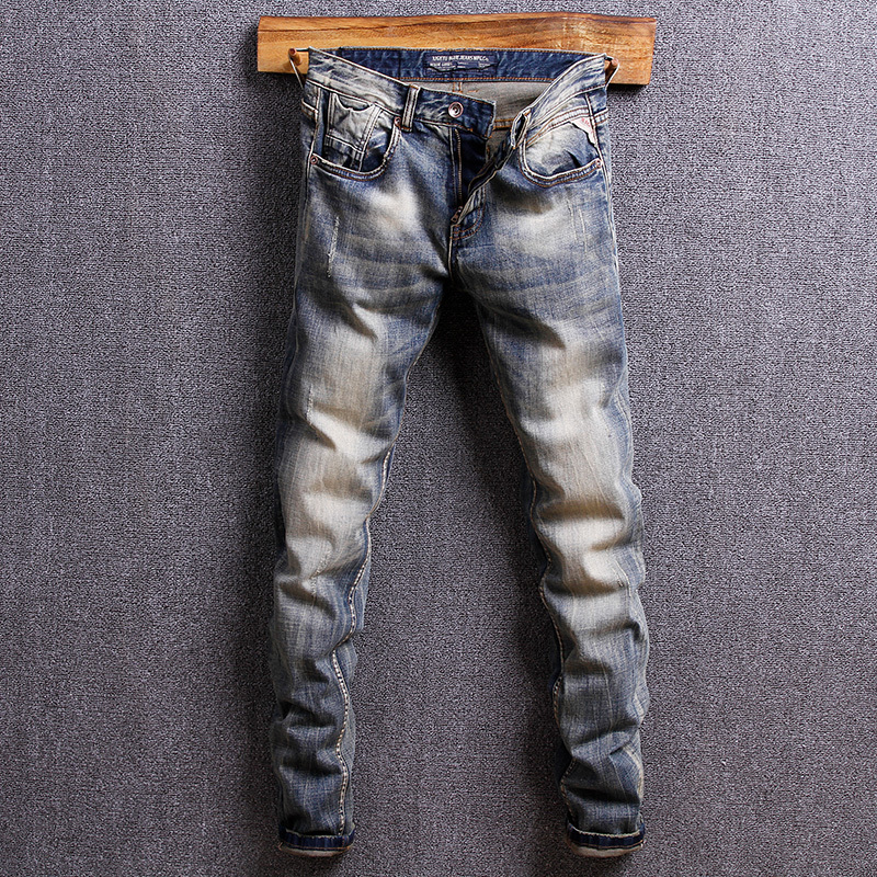 

2021 New Italian Style Fashion High Quality Classical Elastic Slim Retro Washed Vintage Designer Jeans Men Denim Pants Uftl, Retro color