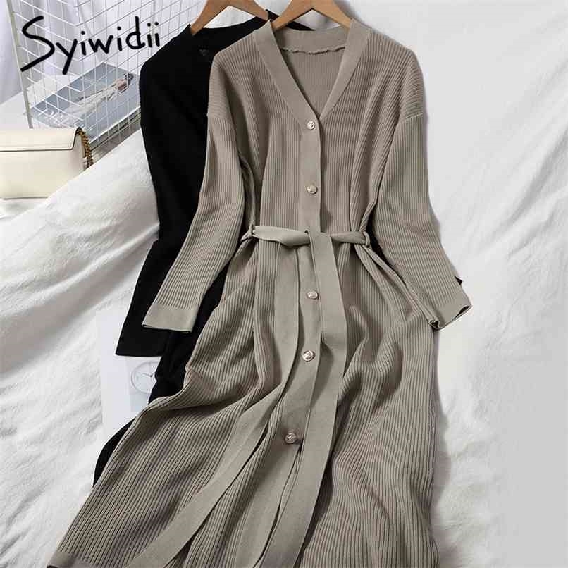 

Fashion Screw Thread High Waist Knitted Dresses Women Breasted Long Sleeve V-Neck A-line Solid Spring Korean 210607, Black