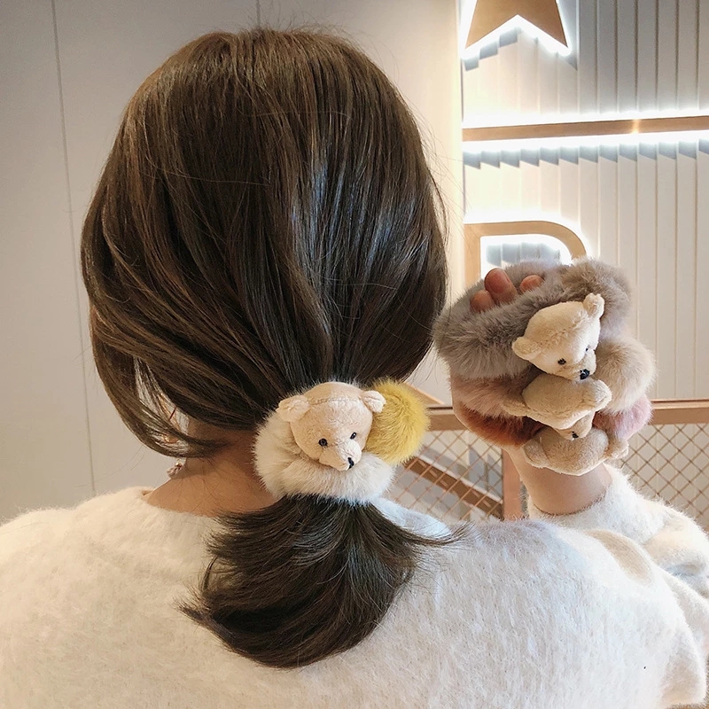 

Mink Fur Hair Rope Ties Cute Cartoon Bear Scrunchie Women Girls Elastic Rubber Bands Ponytail Holder Accessories 30pcs