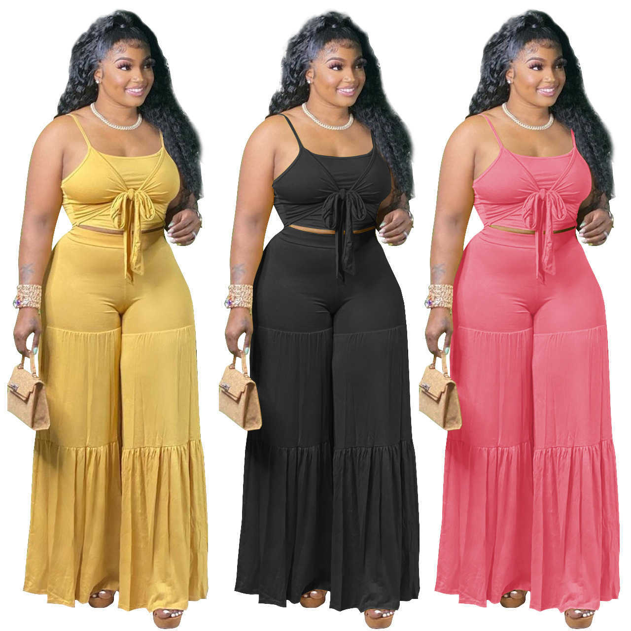 

2021 Women Pluse Size Long Pant Set Sexy Summer Suspender Vest Loose Pleated Wide Leg Pants Suit Two Piece Jogging Clothing S-XXXL, Black