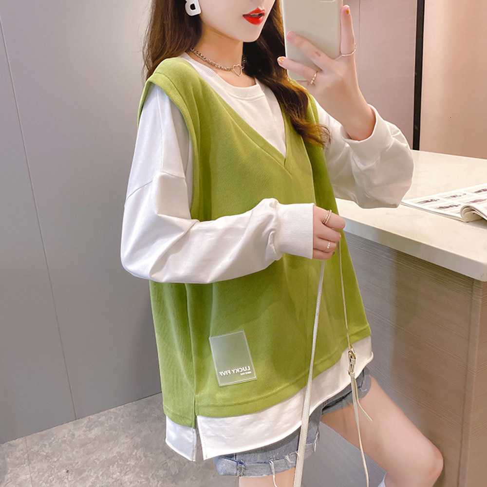 

2021 Japanese Style Spring and Autumn Hoodie South Korea New Fashion Simple Casual Two Asymmetric Necktie Round Neck Long Sleeve 6yyd, White
