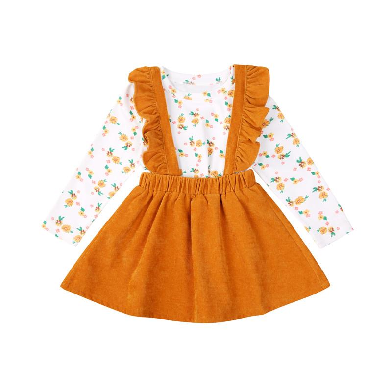 

2-7Y Kids Baby Toddler Girls Outfits Sets Floral Printed Long Sleeve Top Shirt+Ruffle Suspender Velvet Skirt, As pic