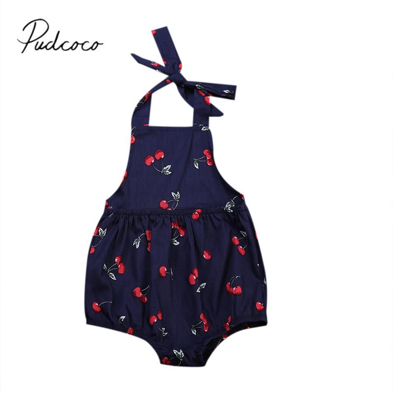 

Rompers 2021 Brand Summer Clothes Born Baby Girl Halter Romper Cherry Floral Ruffle Jumpsuit Casual Playsuit Sunsuit Set, Blue