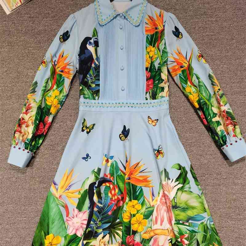 

Truevoker Spring Runway Vintage Print Resort Dres Peter Pan Collar Draped Lady Blue Festa Vestidos 210602