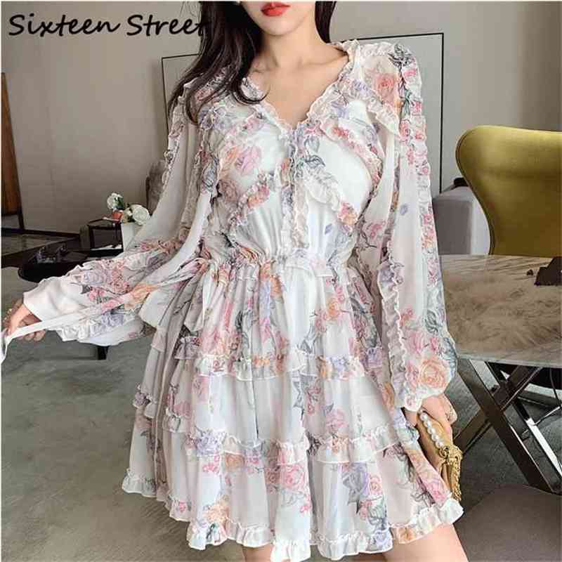 

Woman' Dress Floral Printed V-neck Vestidos Lady Full-sleeve Elegant Vintage Mini Female Autumn And Spring Clothing 210603