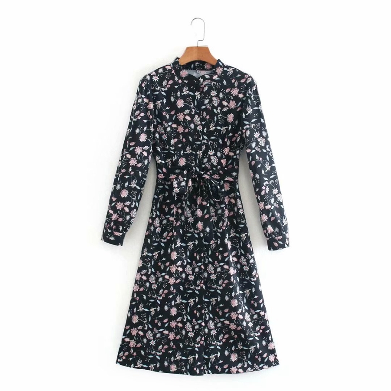 

Fashion Floral Long Sleeve Midi Dress Women Stand Collar Elegant Vintage Print Mid Calf Shirt With Sash NX9888 210525, Black
