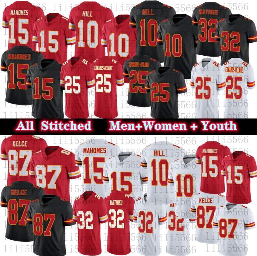 

Men 15 Patrick Mahomes Women Kids Football Jerseys 87 Travis Kelce 10 Tyreek Hill 25 Edwards-Helaire 32 Tyrann Mathieu High quality Stitched Jersey, As