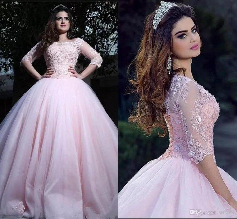 

2021 New Modest Pink Ball Gown Quinceanera Scoop Appliques Tulle Corset Lace Up Sweet 16 Es Prom Gowns Ja65, Gold