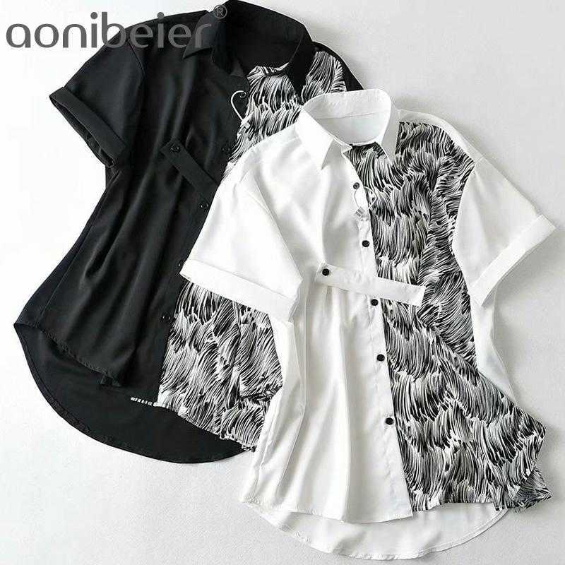 

Chic Roll-up Short Sleeve Printed Patchwork Women Blouses Summer Casual Shirt Asymmetric Hem Female High Low Tops 210604