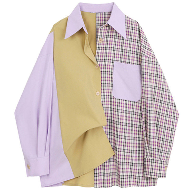 

2021 New Deeptown Xadrez Camisas Femininas Moda Outono Splice Print Button Up Camisa Manga Comprida Topos Casual Solto Blusa De Es Dimenses, Purple