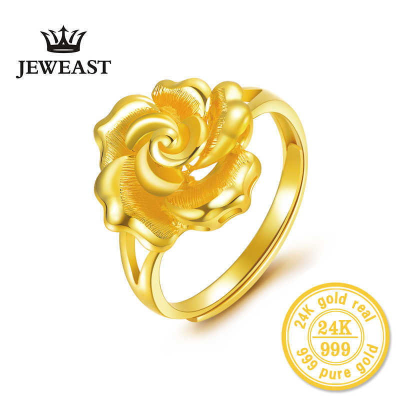 

HMSS 24K Gold Rings Roses Female Flower Pure Solid Real AU 999 Fine Jewelry 2020 Trendy Good Nice Top Women Girl