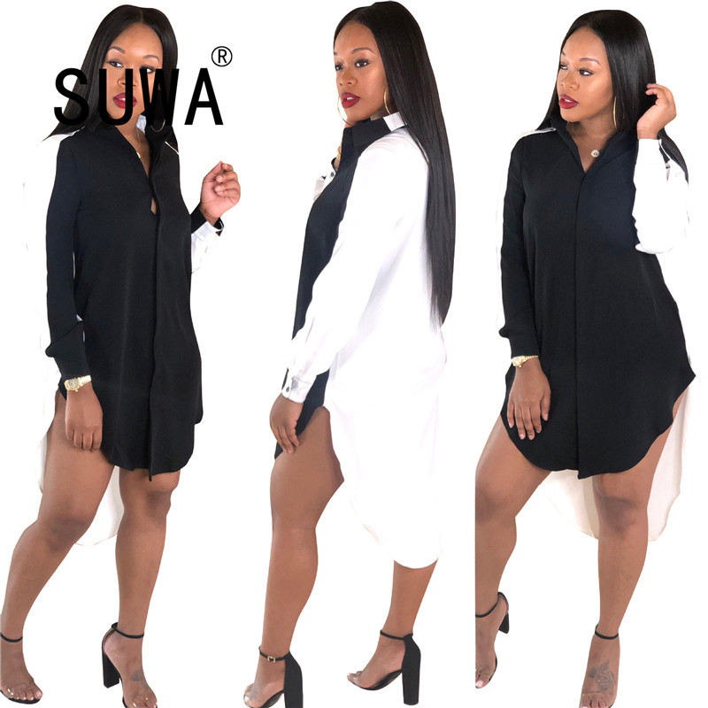 

Autumn Winter Women Patchwork Turn-down Neck High Low Long Sleeve Knee Length Blouses Shirt Dress Wholesale Drop 210525, White