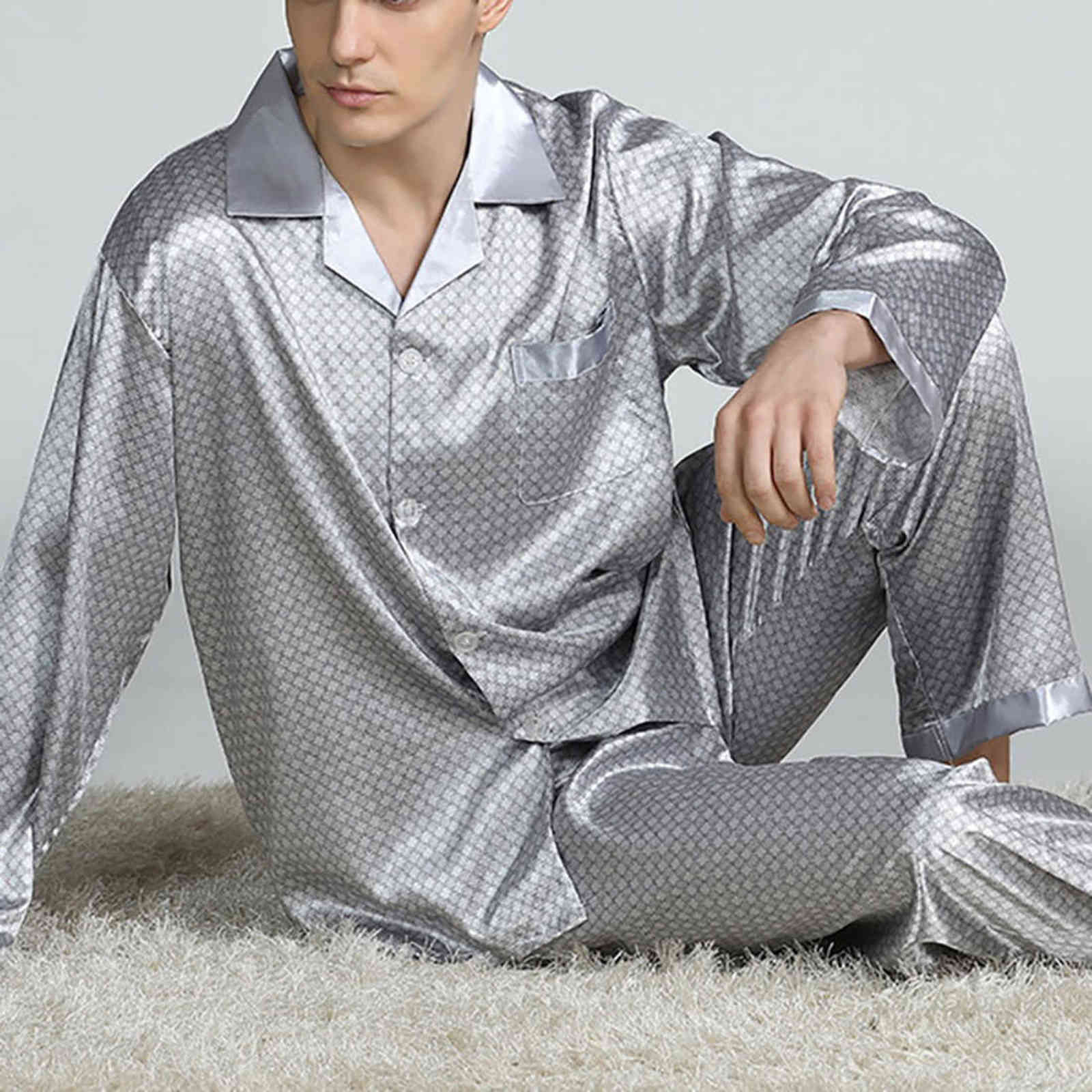 

LOOZYKIT Mens Stain Silk Pajama Sets Pajamas Men Sleepwear Modern Style Silk Nightgown Home Male Satin Soft Cozy Sleep Wear 211111, Color 1