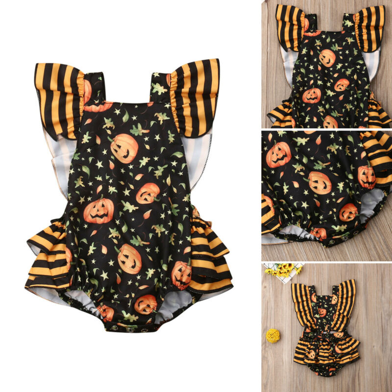 

0-24M Baby Girls Romper Long Sleeve Ruffle Romper Elegant Cute lovely Sweet Newborn Infant Outfits Halloween Pumpkin Print, Default color