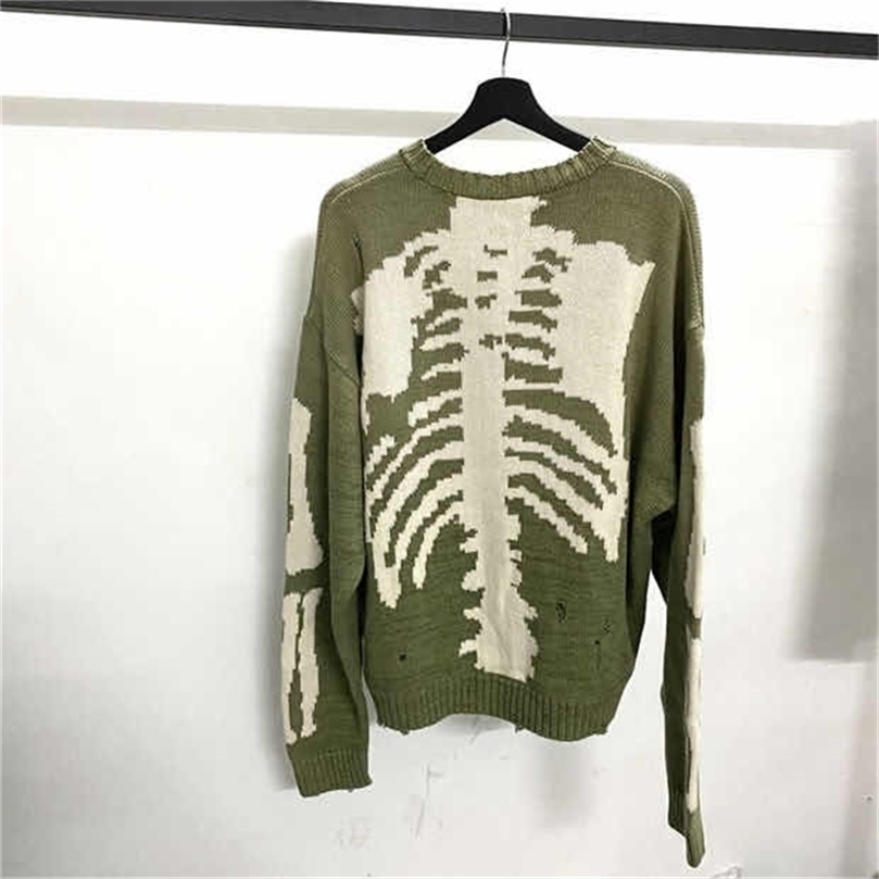 

Kapital Green Loose Skeleton Bone Printing Sweater Men Woman Good Quality High Street Damage Hole Vintage 1:1 Knit Sweater 220125