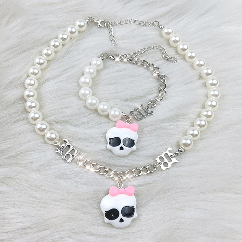 

Earrings & Necklace 2000s Jewelry Pearl Letter Skull Pendant For Women Y2K Fashion Harajuku Kawaii Pink Bracelet Accessories, Silver