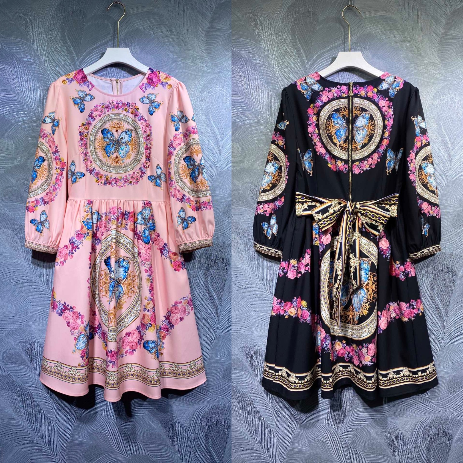 

Europe and America autumn high quality palace stlye printed beading dress, Pink