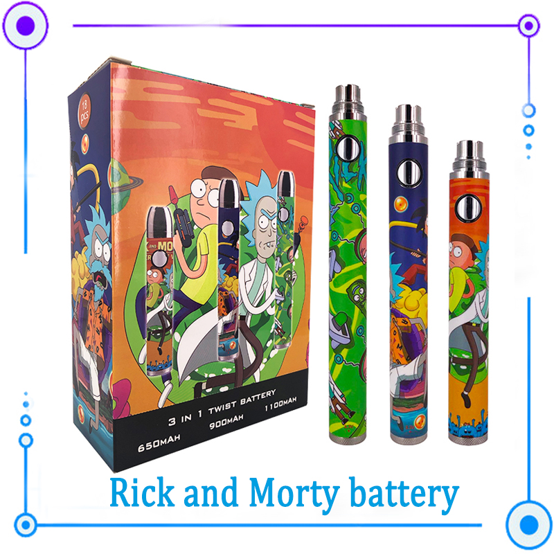 

Authentic COS Twist Rick And Morty Bottom Adjustable Battery 3.3-4.2v Voltage 10w 650mAh 900mAh 1100mAh 3 In 1 With Gift Box Fit For Ego 510